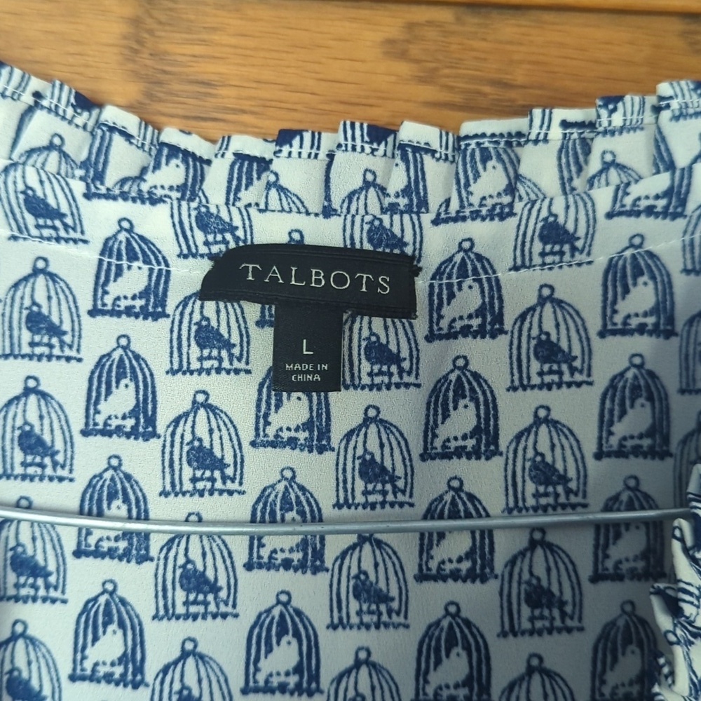 Talbots Grosgrain-Trim Crinkle Long Sleeve Drawstring Blouse Bird Print Size L - Picture 5 of 9